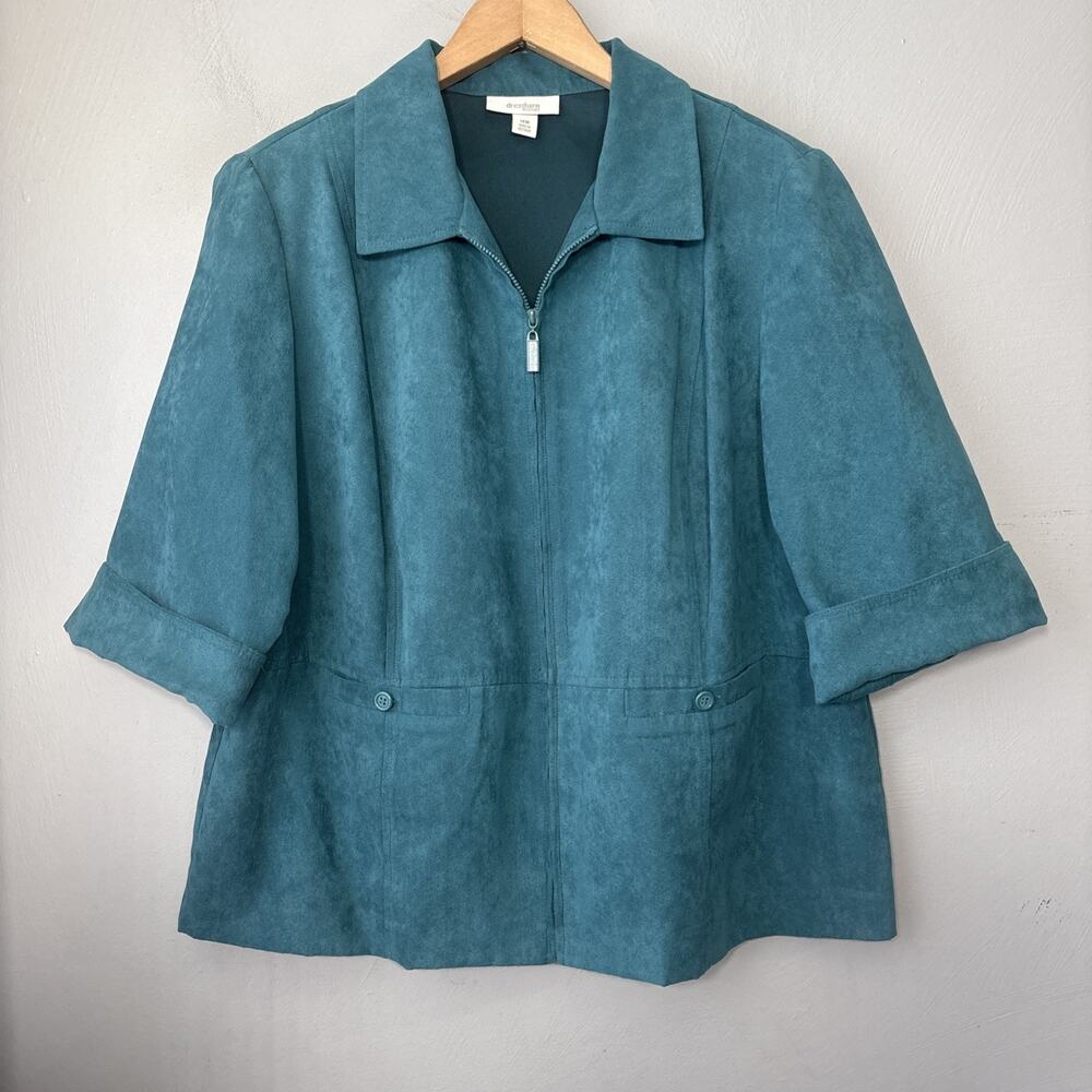 Dressbarn Jacket Plus Size 16W Teal Blue Faux Suede Zip Front 3/4 Sleeve Blazer